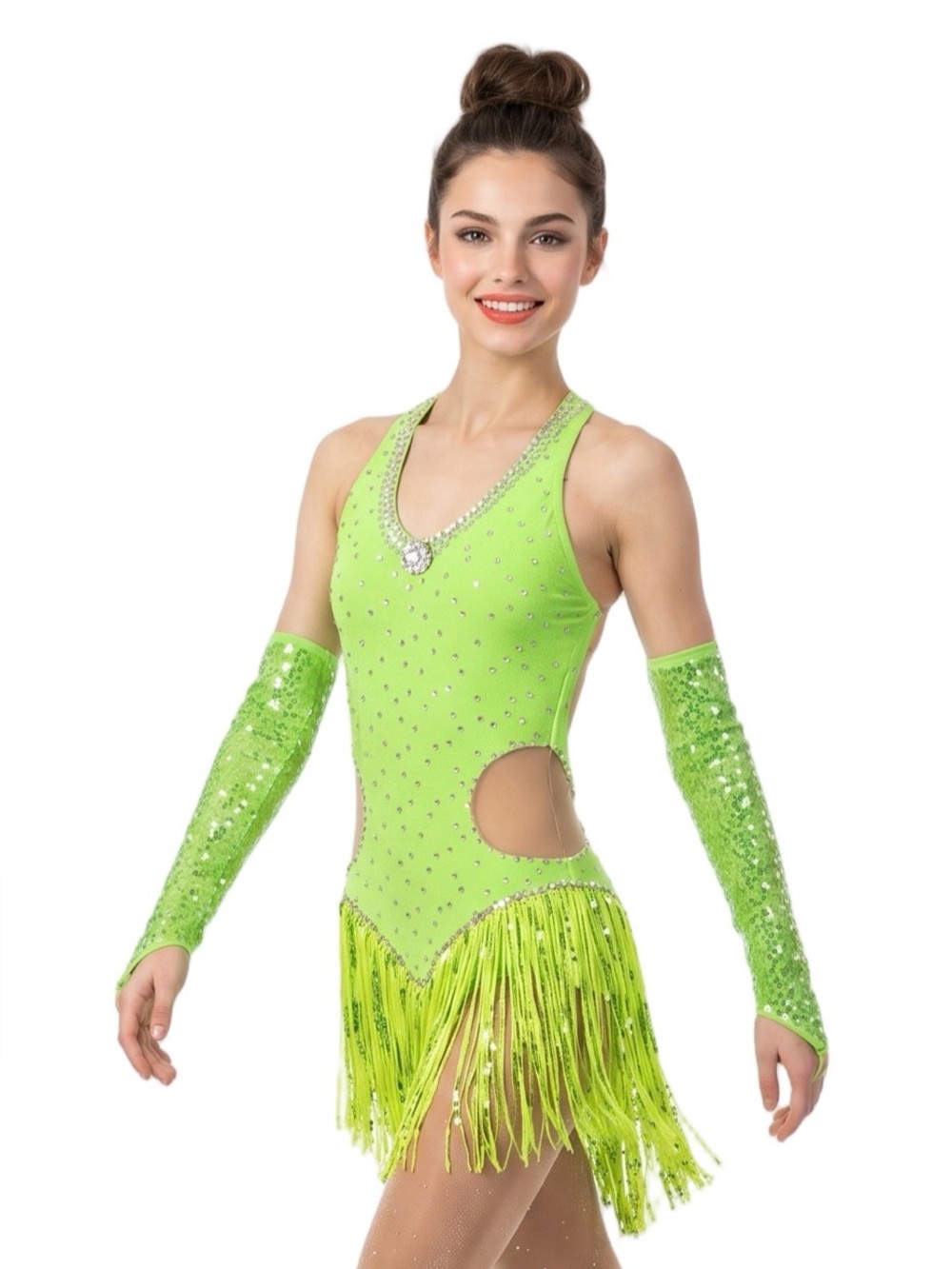 Lime Green Halter top leotard Dance Costume with Rhinestones and arm bands - Picture 15 of 15
